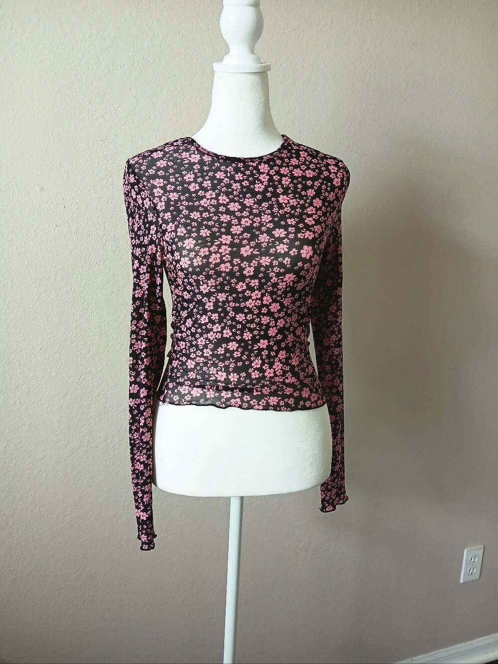 & Other Stories Black Sheer Long-Sleeve Top with Pink Floral Print